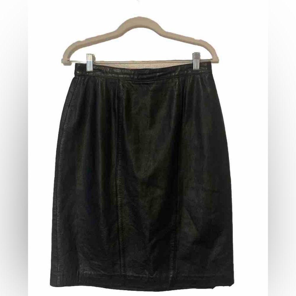 Vintage Evan Davies 100% Soft Cow Leather Black Pencil Skirt Petites Size 12